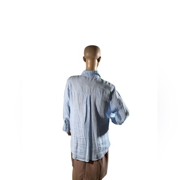 Zara Women's Size Large Linen Blue Button Down Long Sleeves Shirt Blouse - Picture 3 of 16